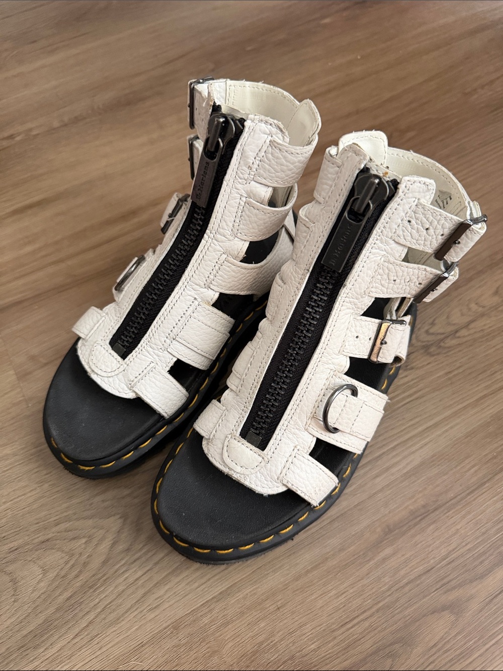 Dr. Martens White Leather Zip Gladiator Sandals with Black Sole Size 5